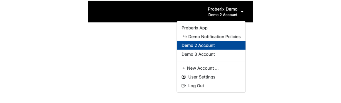 User interface fragment in Proberix showing the dropdown menu for switching between multiple accounts.