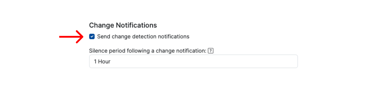 Screenshot fragment of the Change Detection Notifications section in Proberix, showing the configuration options for setting up notifications and setting a silence period for Change Detection alerts.