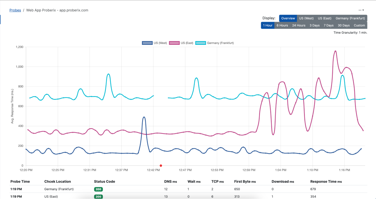 Chart displaying response times in the detailed probe view page of Proberix, illustrating the performance fluctuations over time.