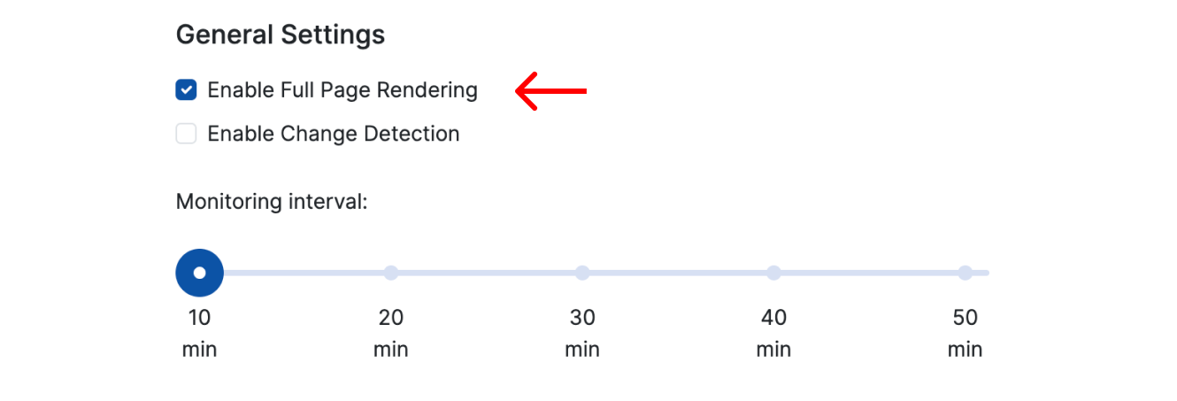 UI fragment showing the checkbox for enabling Full Page Load Rendering in Proberix.