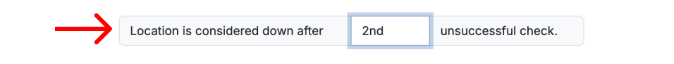 Screenshot fragment of the Location Count Threshold section in Proberix, showing the configuration options for setting the number of consecutive problematic events required to mark a location as down.