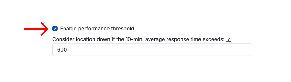 Screenshot fragment of the Performance Threshold Notifications section in Proberix, showing the configuration options for enabling performance-based location down criteria and setting a response time threshold