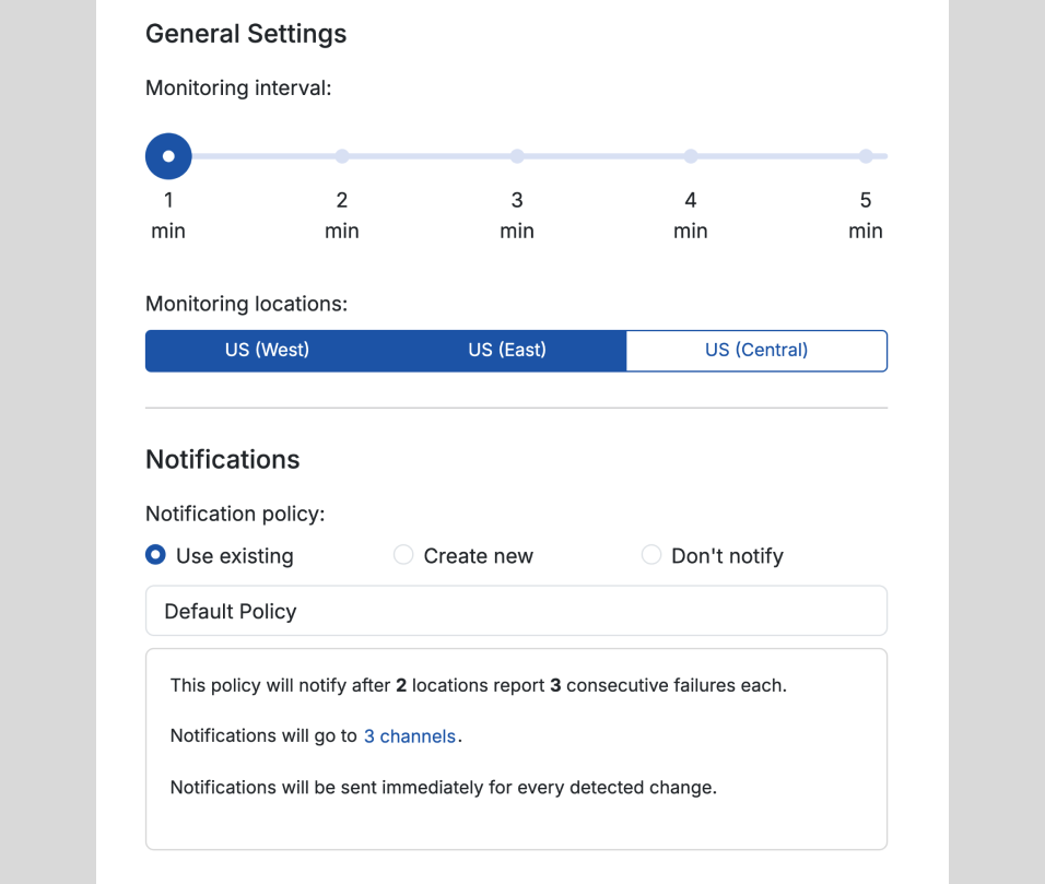 A view of the General Settings section in the Proberix UI, showcasing configuration options for monitoring intervals, locations, and notification policies.