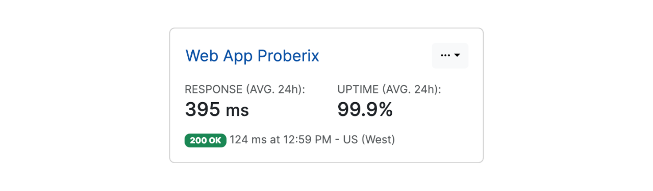 Screenshot of a single probe snapshot in Proberix, showing the probe name, status, and key metrics such as response time and uptime.