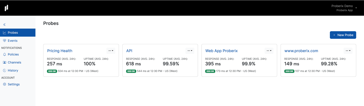 Screenshot of the Proberix user interface displaying a snapshot list of all existing probes for the account, including probe names, statuses, and key metrics.